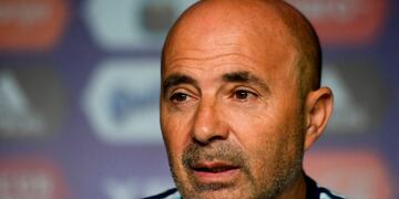 Argentina's national football team coach Jorge Sampaoli offers a press conferece in Ezeiza, Buenos Aires, on October 20, 2017\u002E / AFP PHOTO / Eitan ABRAMOVICH buenos aires jorge sampaoli director tecnico de la seleccion nacional de futbol conferencia de prensa