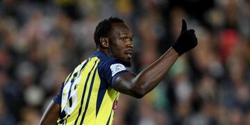 31/08/2018, Australia, Gosford: El ex atleta jamaicano Usain Bolt, del Central Coast Mariners, disputa su primer partido de fútbol profesional ante Central Coast Football, un combinado juvenil\u002E\r\n\r\n(Vinculado al texto de dpa \