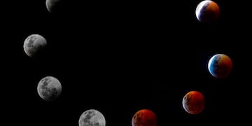 A composite photo shows all the phases of the so-called Super Blood Wolf Moon total lunar eclipse on Sunday January 20, 2019 in Panama City\u002E - The January 21 total lunar eclipse will be the last one until May 2021, and the last one visible from the United States until 2022\u002E (Photo by Luis ACOSTA / AFP) Superluna de sangre primer eclipse de luna lunar del año vista vistas