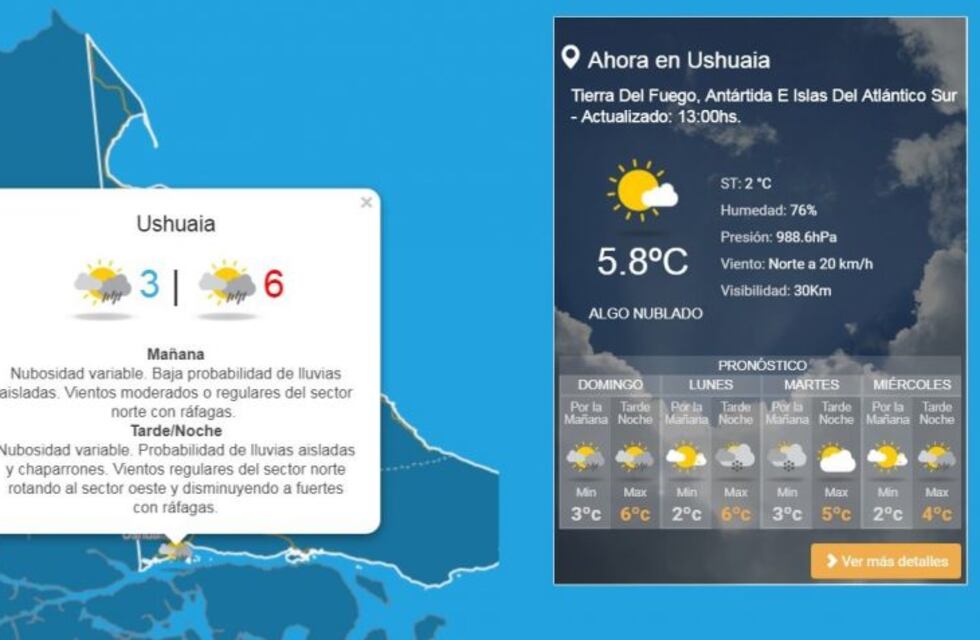 El clima para hoy en Ushuaia, según el Servicio Meteorológico Nacional