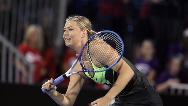 Tennis player Maria Sharapova competes in the World TeamTennis Smash Hits charity tennis event benefiting the Elton John AIDS Foundation at Caesars Palace on October 10, 2016 in Las Vegas, Nevada. / AFP PHOTO / John GURZINSKI