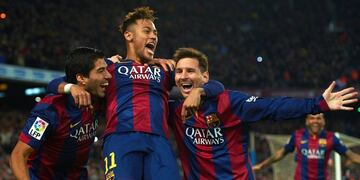 FILE - In this Sunday, Jan\u002E 11, 2015 file photo, FC Barcelona's Lionel Messi, right, Neymar, center, and Luis Suarez, celebrate after scoring against Atletico Madrid during a Spanish La Liga soccer match at the Camp Nou stadium in Barcelona, Spain\u002E Barcelona said, Wednesday, Aug\u002E 2, 2017, Neymar's 222 million euro ($262 million) release clause must be paid in full if the Brazil striker wants to leave\u002E (AP Photo/Siu Wu, File)
