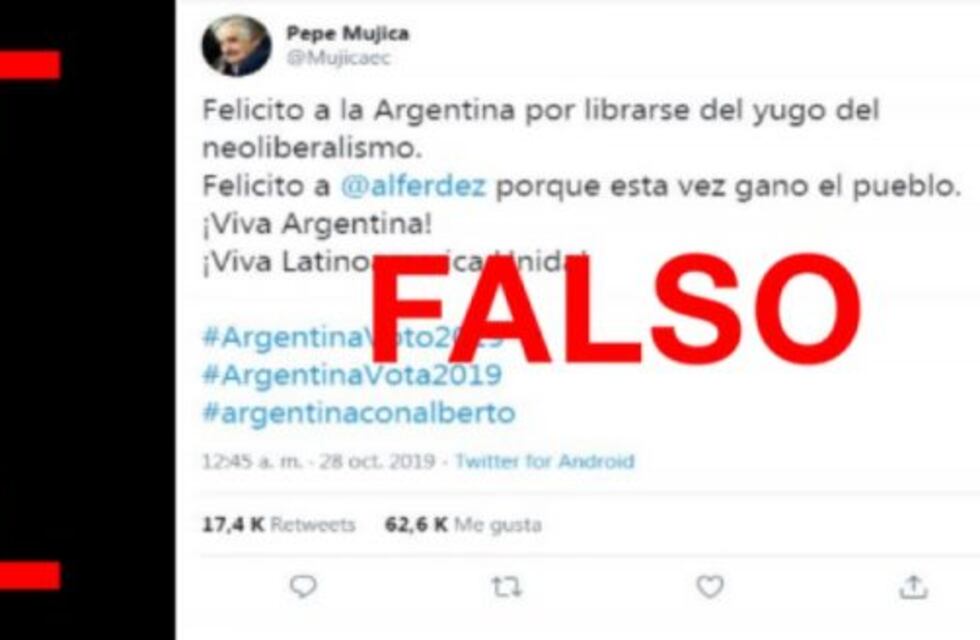 Es falso el tuit en el que el ex presidente uruguayo José Mujica felicitó a la Argentina y a Alberto Fernández por el triunfo del Frente de Todos