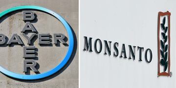 (FILES) This combination of file photos created on September 14, 2016 shows the logo of German pharmaceutical giant Bayer (L) taken on September 8, 2016 in Leverkusen and the logo of Monsanto at its Belgian manufacturing site and operations centre in Lillo near Antwerp on May 24, 2016\u002E \nBayer may have finally completed its hard-fought takeover of US seeds and pesticide maker Monsanto, but that is unlikely to silence critics who have dubbed the tie-up a \