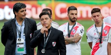 Marcelo Gallardo, coach of Argentina's River Plate, stands in the field after his team lost against Brazil's Flamengo in the Copa Libertadores final soccer match at the Monumental stadium in Lima, Peru, Saturday, Nov\u002E 23, 2019\u002E (AP Photo/Fernando Vergara)