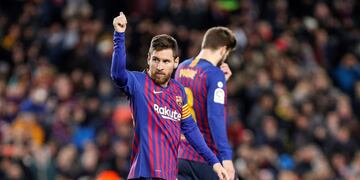 13/01/2019 13 January 2019, Spain, Barcelona: FC Barcelona's Lionel Messi celebrates scoring his side's 2nd goal during the Spanish Primera Division soccer match between FC Barcelona and SD Eibar at Camp Nou Stadium\u002E Photo: Mikel Trigueros/gtres/dpa DEPORTES INTERNACIONAL Mikel Trigueros/gtres/dpa españa campeonato torneo liga española español futbol futbolistas partido barcelona eibar