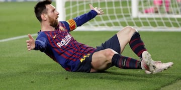 Barcelona's Lionel Messi celebrates after scoring his side's third goal during the Champions League semifinal, first leg, soccer match between FC Barcelona and Liverpool at the Camp Nou stadium in Barcelona, Spain, Wednesday, May 1, 2019\u002E (AP Photo/Emilio Morenatti)