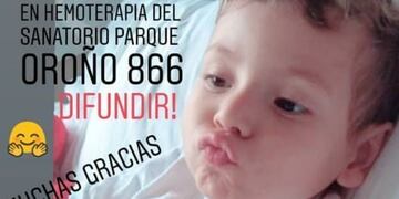 Piden dadores de sangre para un chiquito que está internado