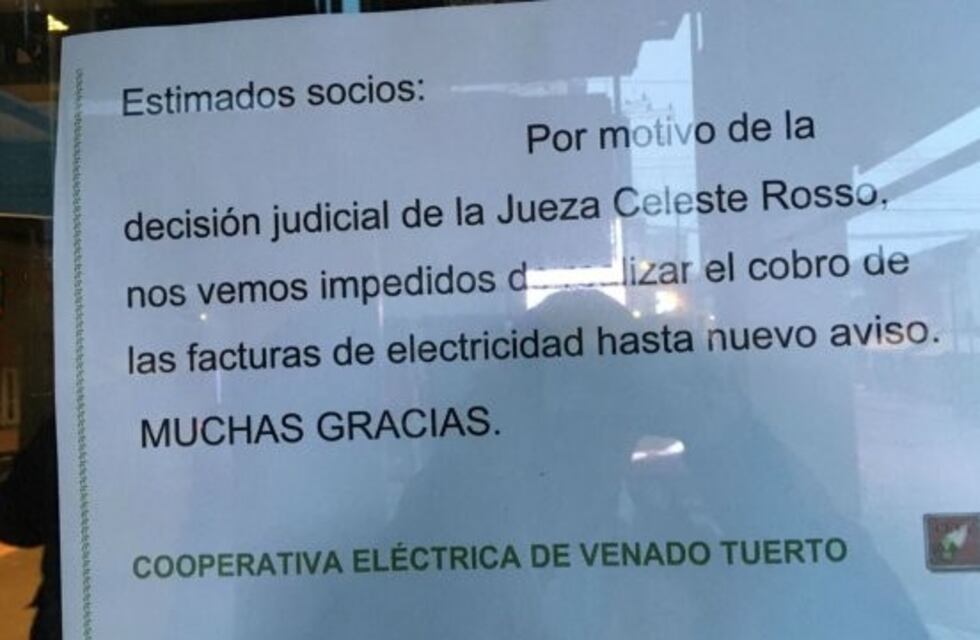 Tras el fallo judicial, la Cooperativa Eléctrica de Venado Tuerto suspendió el cobro de facturas