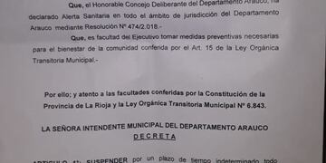 La intendenta de Arauco Florencia López firmó  también un decreto suspendiendo la totalidad de habilitaciones hasta tanto se mejore los cuadros de gripe