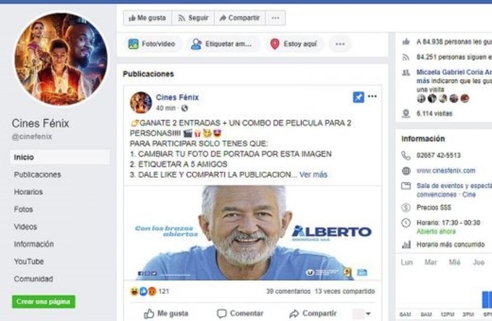 Insólito: un cine hizo un sorteo que para ganar entradas debían compartir la foto de Rodríguez Saá