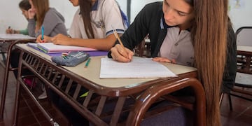Mendoza 27 de Marzo de 2019 Sociedad     
La Direccion General de Escuelas decidio terminar con los tres trimestres escolares en la educacion secundaria y convertirlos en dos cuatrimestres.
Alumnos de quinto primera de Artes Visuales de la Escuela Jose Vicente Zapata. 
Guadalupe Palero (campera negra) junto a Ana Torres (remera blanca) 
Foto: Ignacio Blanco / Los Andes