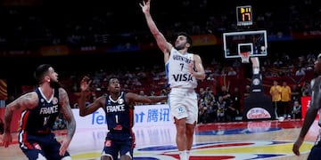 Facundo Campazzo of Argentina goes for a three pointer shoot against France during their semifinals match for the FIBA Basketball World Cup at the Cadillac Arena in Beijing, Saturday, Sept\u002E 13, 2019\u002E (AP Photo/Andy Wong)