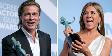 Los Angeles (United States), 20/01/2020\u002E- A twofold combo picture shows Brad Pitt (L) posing with the SAG Award for Outstanding Performance by a Male Actor in a Supporting Role in 'Once Upon a Time in Hollywood' and Jennifer Aniston (L) posing with the SAG Award for a Female actor in a drama series in 'The Morning Show' during the 26th annual Screen Actors Guild Awards ceremony at the Shrine Auditorium in Los Angeles, California, USA, 19 January 2020 (issued 20 January 2020)\u002E (Estados Unidos) EFE/EPA/DAVID SWANSON