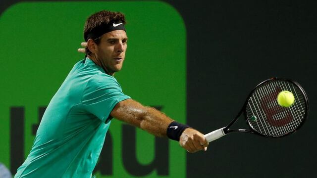 Mar 25, 2017; Miami, FL, USA; Juan Martin del Potro of Argentina hits a backhand against Robin Haase of the Netherlands (not pictured) on day five of the 2017 Miami Open at Crandon Park Tennis Center. del Potro won 6-2, 6-4.Mandatory Credit: Geoff Burke-U