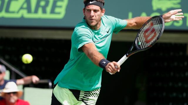 Juan Martin del Potro, of Argentina, returns a shot from Roger Federer, of Switzerland, during a tennis match at the Miami Open, Monday, March 27, 2017 in Key Biscayne, Fla. (AP Photo/Wilfredo Lee)