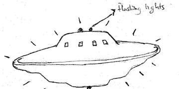 ovni platillo volador platillos voladores\r\n\r\nA handout image obtained on August 17, 2009 from The National Archives shows a sketch of UFO drawn by witnesses\u002E Lemon-headed aliens, scrambled fighter jets and mysterious lights over a cemetery were among details of some 800 UFO sightings released by British authorities Monday\u002E But another intriguing finding to emerge from the 1981-1996 archives was a surge in reports at the time of UFO-related blockbusters such as 1996's \