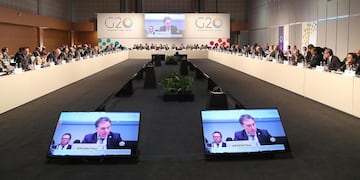 AR02\u002E Buenos Aires (Argentina), 21/07/2018\u002E- A handout photo made available by the G20 shows Argentinian Minister of Finance Nicholas Dujovne (on screen), participating in a meeting of finance ministers and the governors of the Central Banks of the G20 countries, in Buenos Aires, Argentina, 21 July 2018\u002E The Finance Ministers and the Governors of the Central Banks of the G20 countries began today a meeting in Buenos Aires in which they will debate on the future of work and infrastructure for development, defined priorities of Argentina, which holds the annual presidency of the G20\u002E EFE/EPA/G20 / HANDOUT HANDOUT EDITORIAL USE ONLY/NO SALES