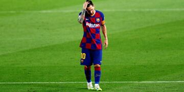 Barcelona's Lionel Messi reacts after the end of a Spanish La Liga soccer match between Barcelona and Osasuna at the Camp Nou stadium in Barcelona, Spain, Thursday, July 16, 2020\u002E (AP Photo/Joan Monfort)