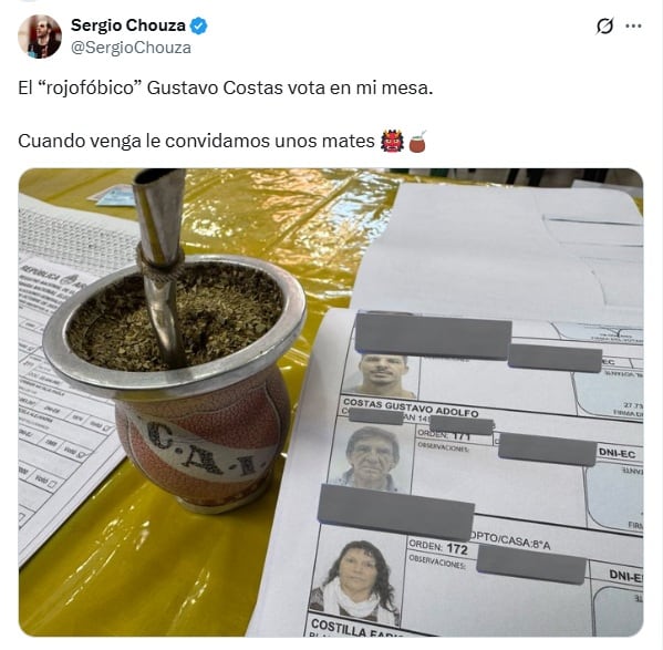 El tuit del presidente de mesa donde debía votar Gustavo Costas