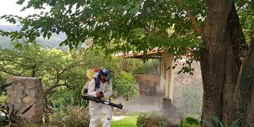 Río Ceballos. Fumigan en los patios de las casas y reparten repelentes por casos de dengue en barrio Parque La Amistad. (La Voz)