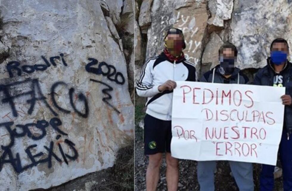 Limpiaron y pidieron disculpas los jóvenes que hicieron grafitis en El Arco