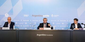 Conferencia de prensa de Alberto Fernández, Axel Kicillof y Horacio Rodríguez Larreta\u002E (Foto: Presidencia)