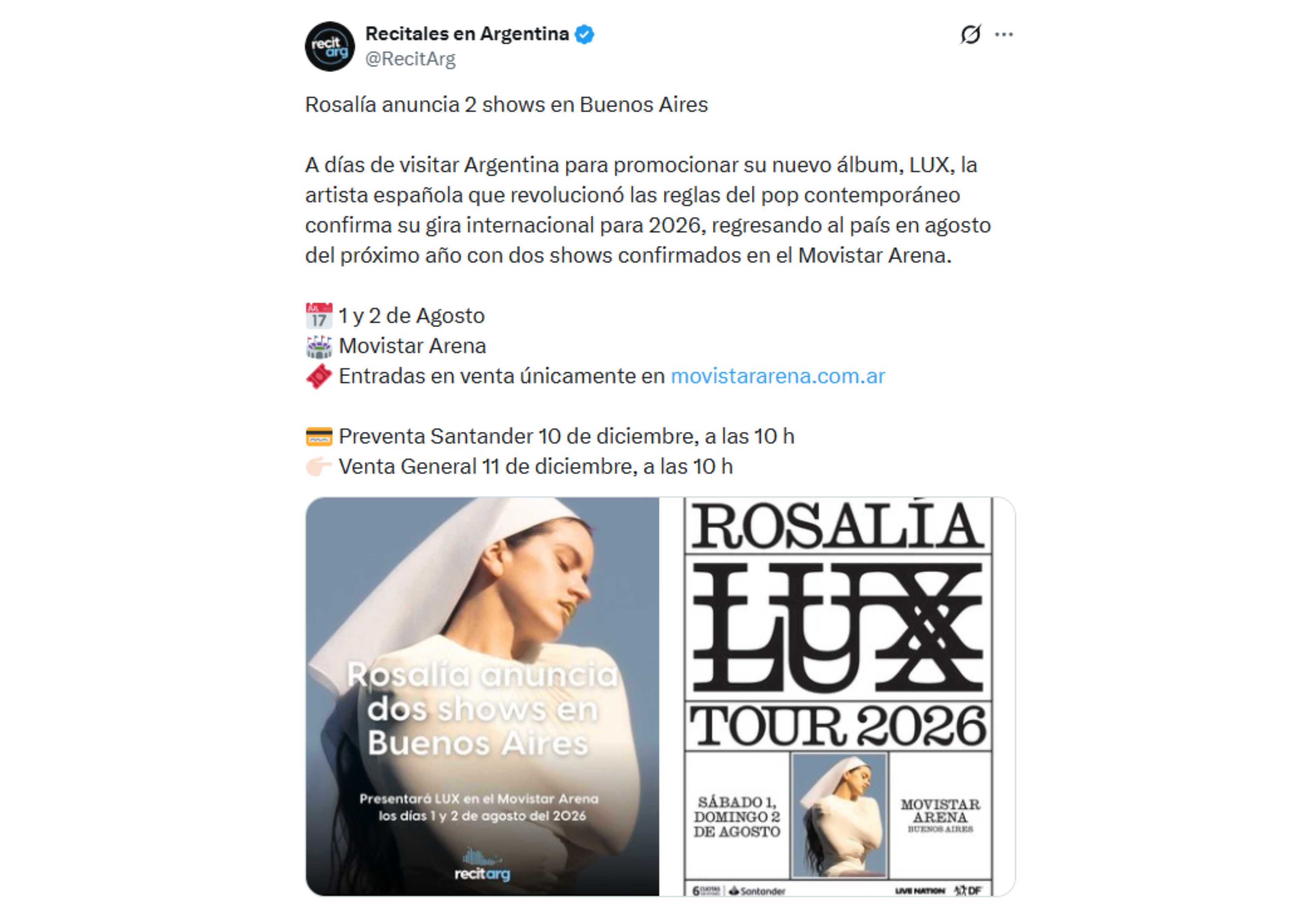 Información sobre los shows de Rosalía.