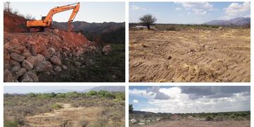 Esta composición fotográfica muestra diferentes aspectos de la construcción del anillo cortafuegos de Suyuque-Los Molles. Gentileza ANSL