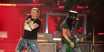 Guns N' Roses' Axl Rose, left, and Slash perform on the first weekend of the Austin City Limits Music Festival at Zilker Park on Friday, Oct\u002E 4, 2019, in Austin, Texas\u002E (Photo by Jack Plunkett/Invision/AP)