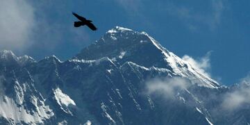 A Bird flies as Mount Everest is seen from Namche Bajar, Solukhumbu district, Nepal, Monday, May 27, 2019\u002E (AP Photo/Niranjan Shrestha)