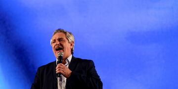Presidential candidate Alberto Fernandez addresses supporters outside the \