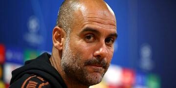 Soccer Football - Champions League - Manchester City Press Conference - Estadio Jose Alvalade, Lisbon, Portugal - August 14, 2020 Manchester City manager Pep Guardiola during the press conference UEFA Pool/Handout via REUTERS ATTENTION EDITORS - THIS IMAGE HAS BEEN SUPPLIED BY A THIRD PARTY\u002E NO RESALES\u002E NO ARCHIVES