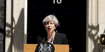 Britain's Prime Minister Theresa May speaks to the media outside 10 Downing Street in London, Monday, June 19, 2017\u002E A driver plowed into a crowd of Muslim worshippers outside a north London mosque early Monday in an attack that police said they were investigating as a terrorist incident\u002E (AP Photo/Matt Dunham)