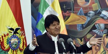 Bolivia's President Evo Morales delivers a speech during an awarding ceremony to Bolivian athletes who participated in the Lima 2019 Pan-American Games at the Casa Grande del Pueblo (Great House of the People) in La Paz, on August 14, 2019\u002E (Photo by AIZAR RALDES / AFP)