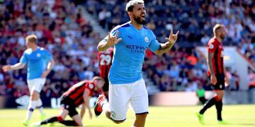 Manchester City's Sergio Aguero celebrates scoring his side's third goal of the game during the English Premier League soccer match between Bournemouth and Manchester City at the Vitality Stadium, Bournemouth, England, Sunday Aug\u002E 25, 2019\u002E (Adam Davy/PA via AP)