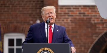 President Donald Trump speaks during a Memorial Day ceremony at Fort McHenry National Monument and Historic Shrine, Monday, May 25, 2020, in Baltimore\u002E (AP Photo/Evan Vucci)
