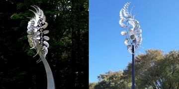 El mandala emplazado en el paseo Rawson (derecha) desató la polémica con su creador el artista Anthony Howe (izquiereda)