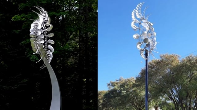 El mandala emplazado en el paseo Rawson (derecha) desató la polémica con su creador el artista Anthony Howe (izquiereda)