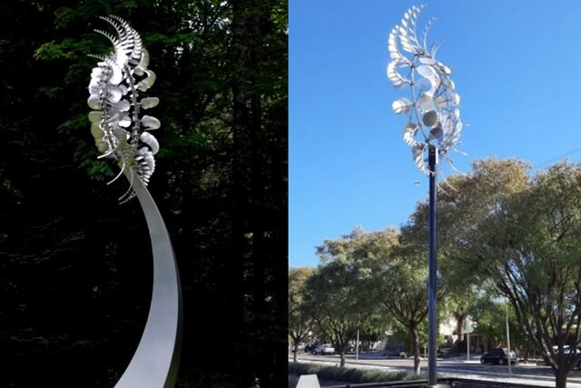 El mandala emplazado en el paseo Rawson (derecha) desató la polémica con su creador el artista Anthony Howe (izquiereda)