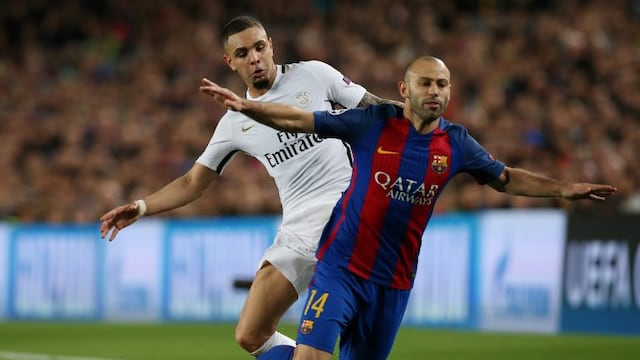 Football Soccer - Barcelona v Paris St Germain - UEFA Champions League Round of 16 Second Leg - The Nou Camp, Barcelona, Spain - 8/3/17 Paris Saint-Germain's Layvin Kurzawa in action with Barcelona's Javier Mascherano  Reuters / Albert Gea Livepic