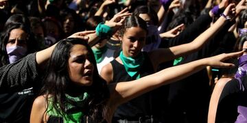 Students perform 'El violador eres tú' (The rapist, is you) -a song by Chilean Lastesis which became viral worldwide following their country's social protests- during a demonstration against gender violence and patriarchy at the Jesuit University of Guadalajara (ITESO), as part of the start of activities for 8M \