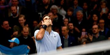 Argentina's Juan Martin Del Potro celebrates after winning against Bulgaria's Grigor Dimitrov their final match  at the ATP Stockholm Open tennis tournament on October 22, 2017 in Stockholm\u002E / AFP PHOTO / Jonathan NACKSTRAND