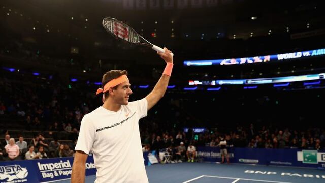 NEW YORK, NY - MARCH 06: Juan Martin del Potro of Team Americas waves to fans while playing against Kei Nishikori (not pictured) of Team World in their Men's Singles match during the BNP Paribas Showdown at Madison Square Garden on March 6, 2017 in New Yo