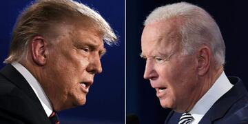 (FILES)(COMBO) This combination of file pictures created on September 29, 2020 shows US President Donald Trump (L) and Democratic Presidential candidate former Vice President Joe Biden squaring off during the first presidential debate at the Case Western Reserve University and Cleveland Clinic in Cleveland, Ohio on September 29, 2020\u002E - Former US vice president Joe Biden has opened up a 16-point national lead over President Donald Trump less than a month before the November 3 presidential election, according to a CNN poll published on October 6, 2020\u002E The Democratic presidential candidate leads the Republican incumbent by 57 percent to 41 percent among likely voters, according to the nationwide CNN poll conducted by SSRS\u002E (Photos by JIM WATSON and SAUL LOEB / AFP)