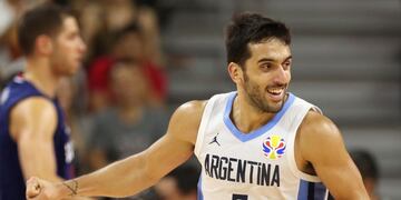 Argentina's Facundo Campazzo reacts after scoring against Serbia during a quarterfinal match for the FIBA Basketball World Cup in Dongguan in southern China's Guangdong province on Tuesday, Sept\u002E 10, 2019\u002E Argentina beats Serbia 97-87\u002E (AP Photo/Ng Han Guan)