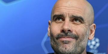 FILED - 12 March 2019, England, Manchester: Manchester City coach Pep Guardiola speaks during a press conference ahead of the UEFA Champions League round of sixteen second leg soccer match against FC Schalke 04\u002E Guardiola said Zinedine Zidane's tactics will be \