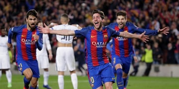 Barcelona's Sergi Roberto celebrates after scoring the sixth goal during the Champions League round of 16, second leg soccer match between FC Barcelona and Paris Saint Germain at the Camp Nou stadium in Barcelona, Spain, Wednesday March 8, 2017. Barcelona
