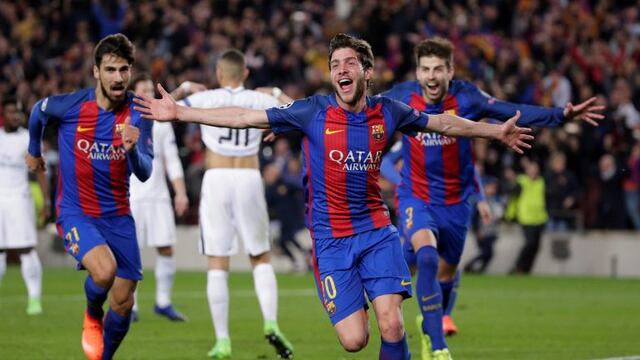 Barcelona's Sergi Roberto celebrates after scoring the sixth goal during the Champions League round of 16, second leg soccer match between FC Barcelona and Paris Saint Germain at the Camp Nou stadium in Barcelona, Spain, Wednesday March 8, 2017. Barcelona