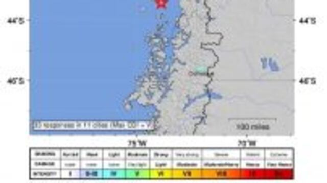USGS01. --- (Chile), 25/12/2016.- A handout photo made available by the US Geological Survey (USGS) on 25 December 2016 of a shakemap showing the epicenter (marked with a star) of a 7.7 magnitude earthquake detected some 225 kilometers off the coast of Ch